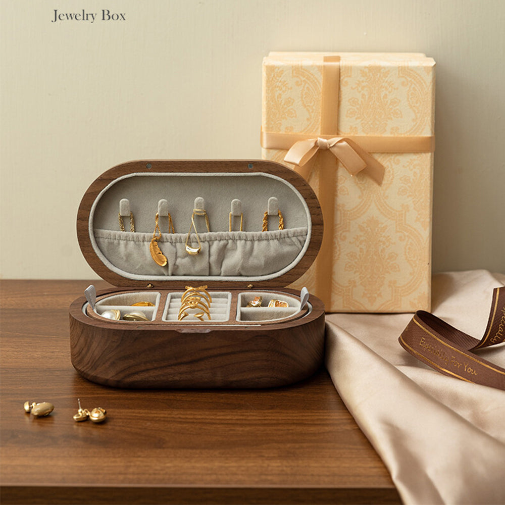 (2 Layers) Walnut Wooden Oval Jewerly Box