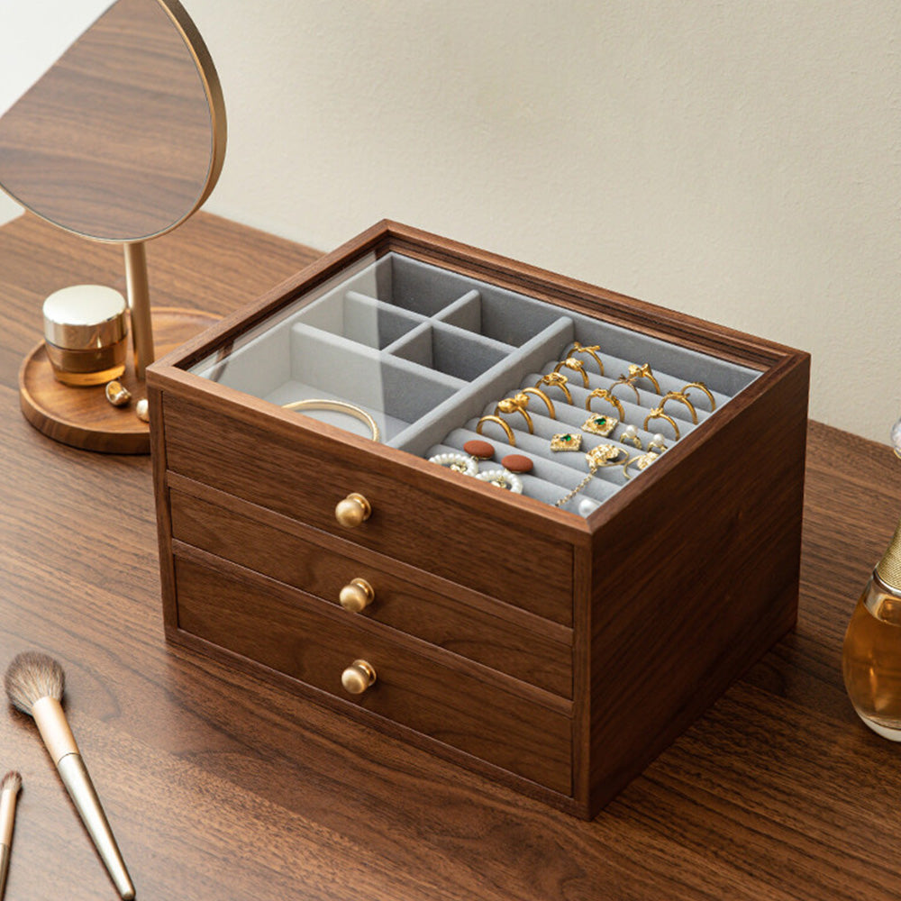 (3 Layers) Walnut Wooden Stand Visible Large Jewerly Box