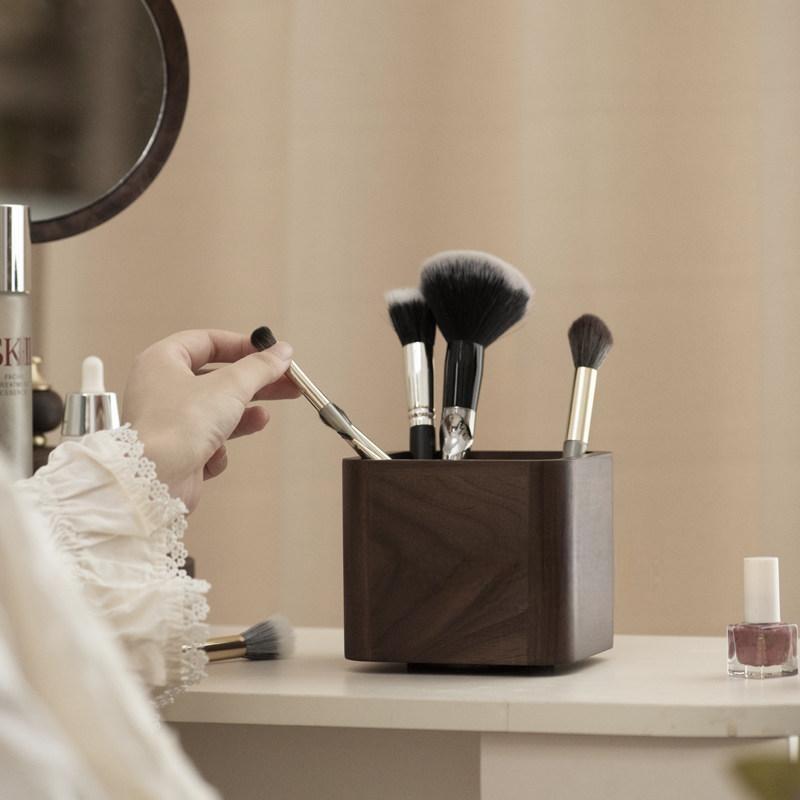 360° Rotating Wooden Makeup Brush Holder with Dual Compartments