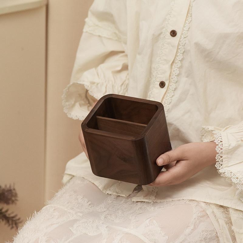 360° Rotating Wooden Makeup Brush Holder with Dual Compartments