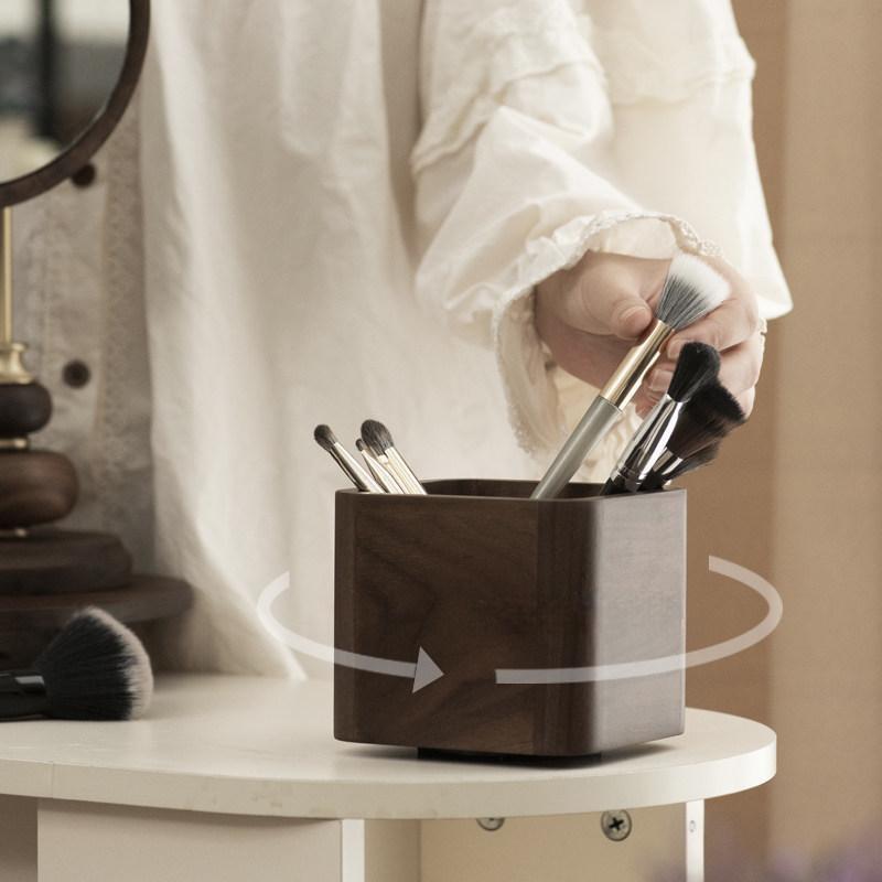 360° Rotating Wooden Makeup Brush Holder with Dual Compartments