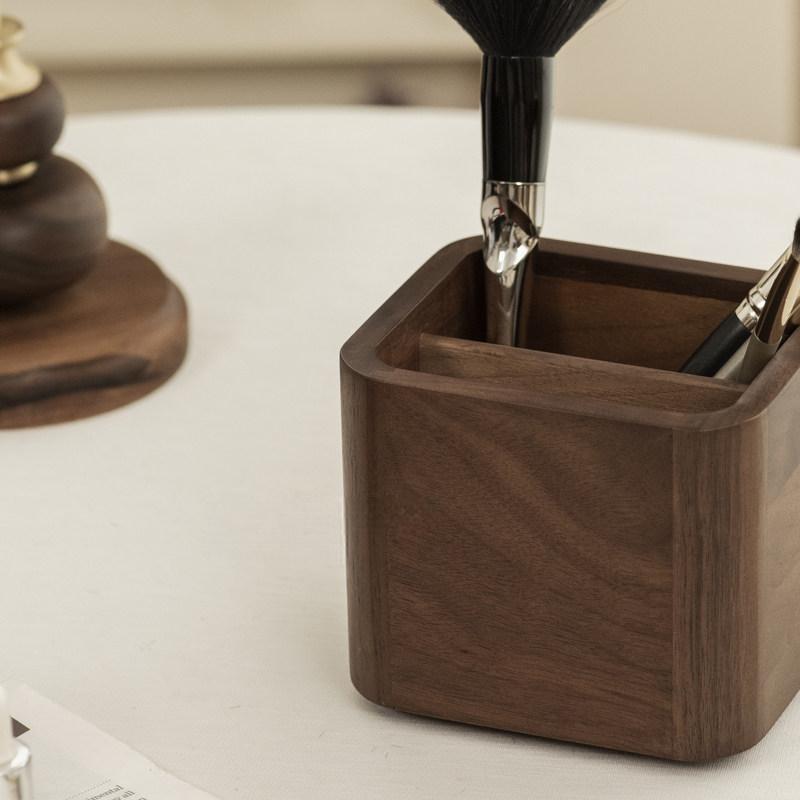 360° Rotating Wooden Makeup Brush Holder with Dual Compartments