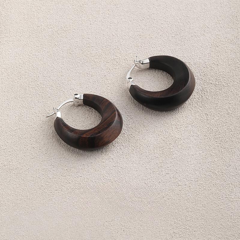 S925 Silver & Sandalwood Wood Dome Earrings - Elegant & Unique