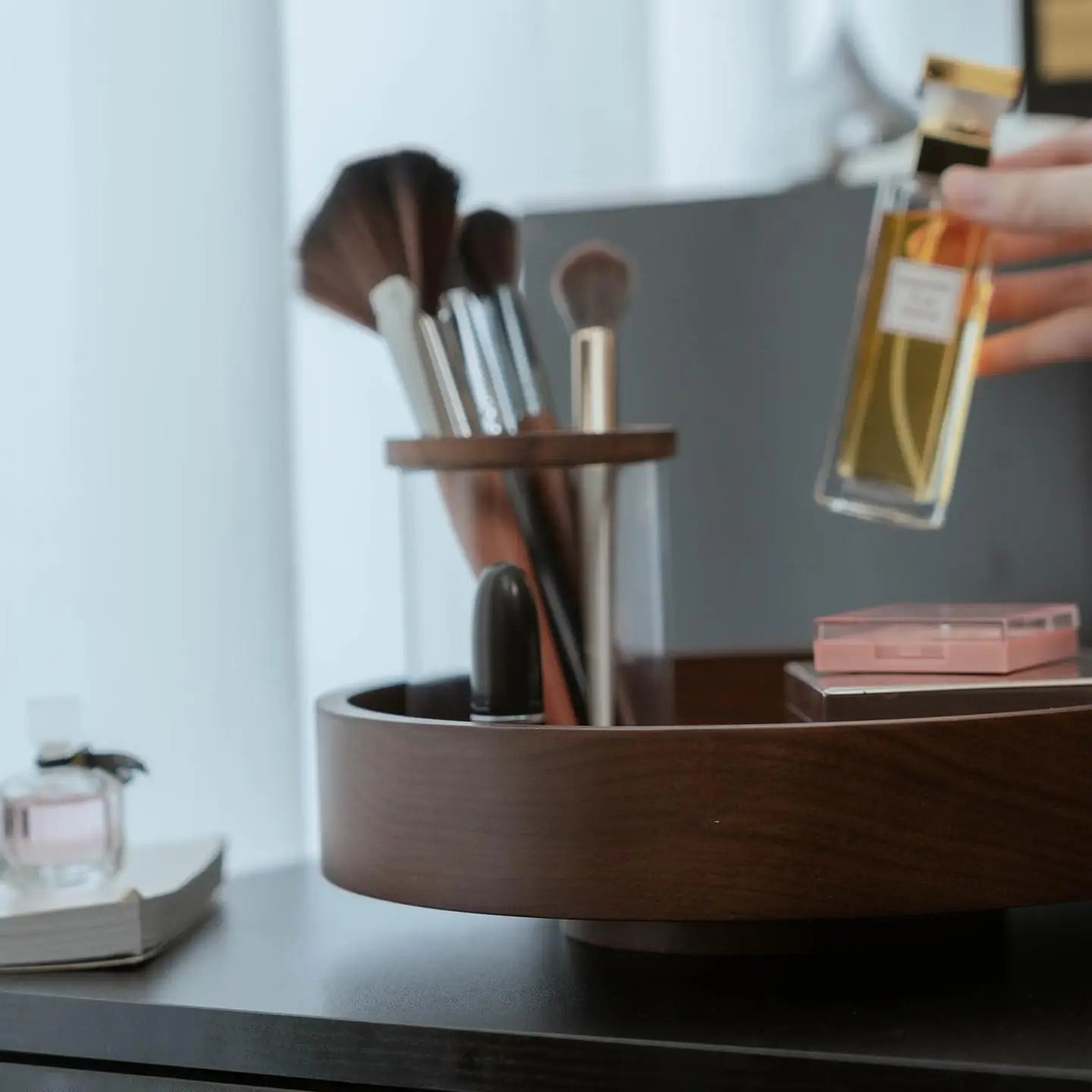 Rotating Solid Walnut Makeup Organizer & Vanity Tray