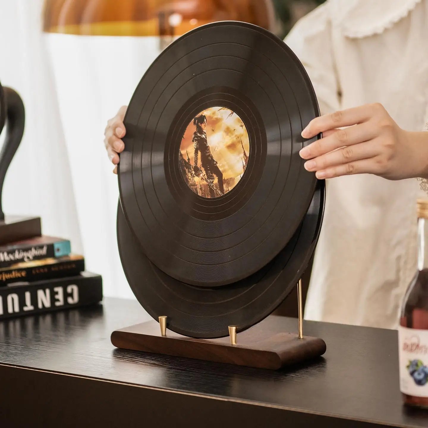 Minimalist Solid Walnut Vinyl Record Holder with Brass Frame