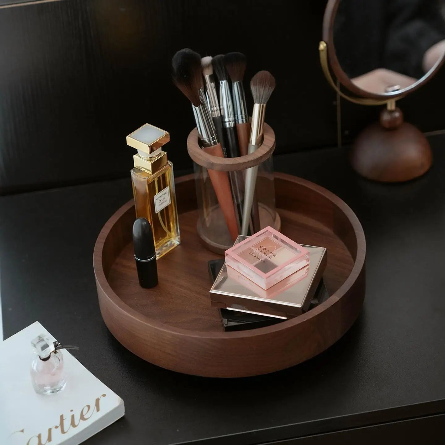Rotating Solid Walnut Makeup Organizer & Vanity Tray