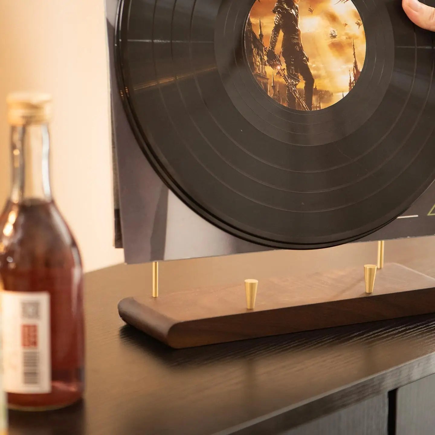 Minimalist Solid Walnut Vinyl Record Holder with Brass Frame
