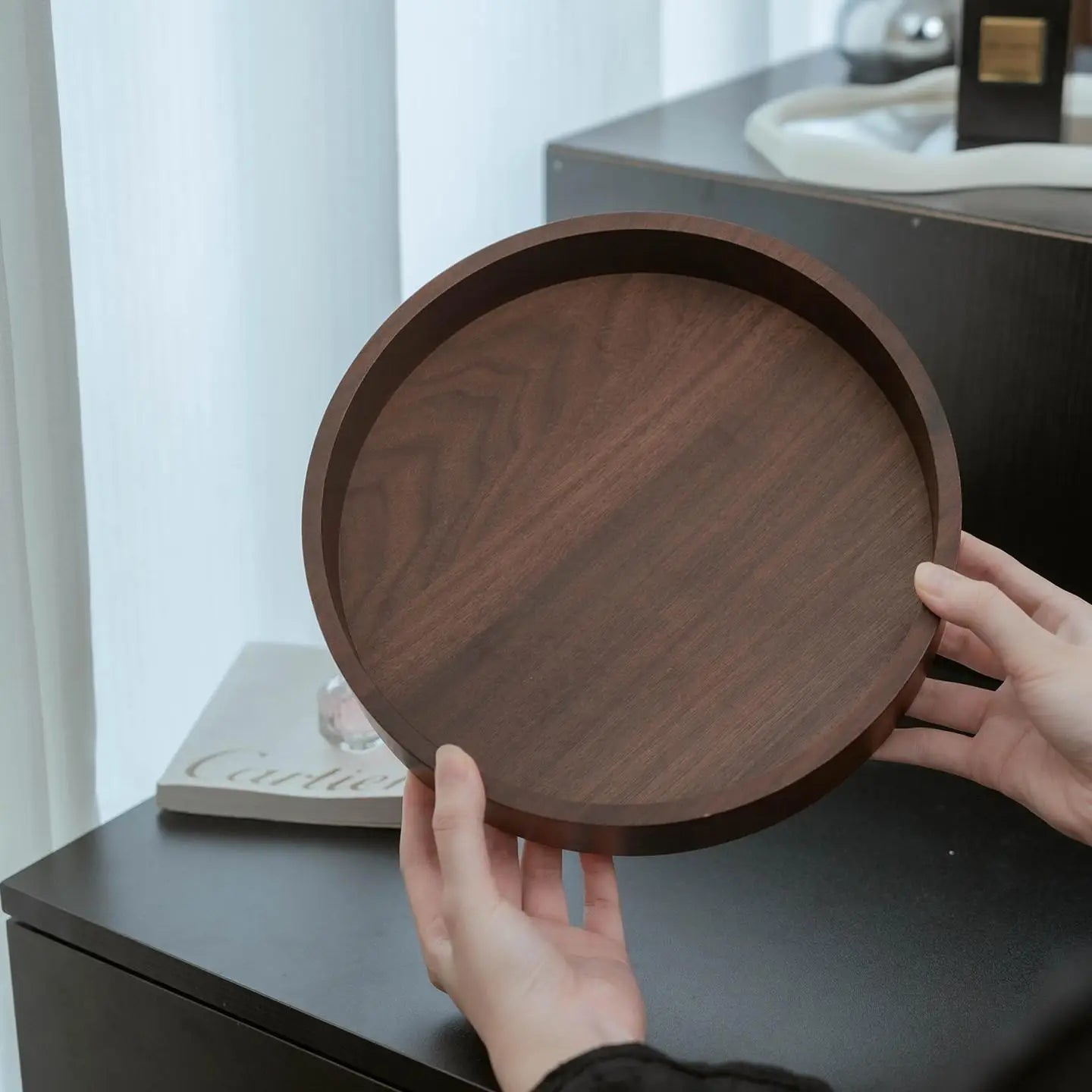 Rotating Solid Walnut Makeup Organizer & Vanity Tray