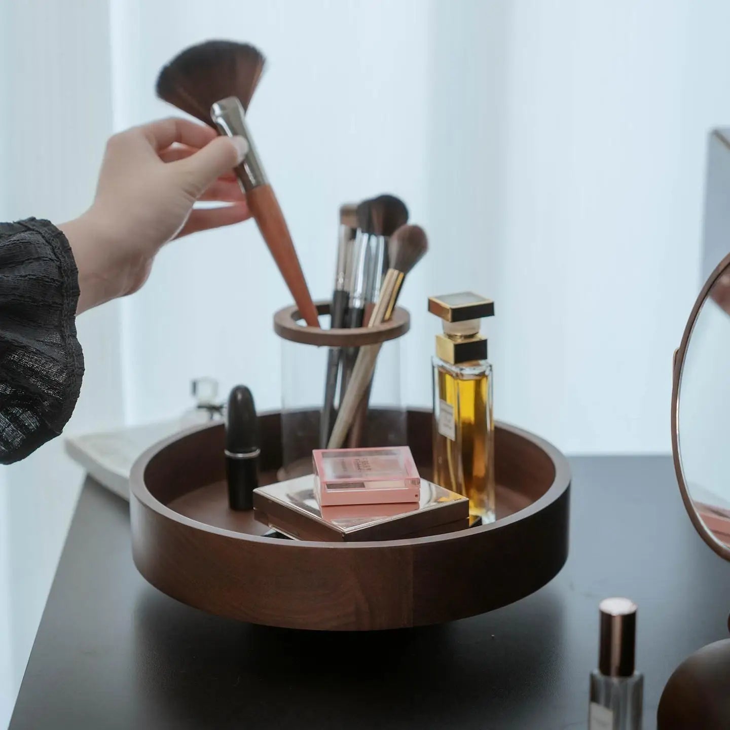 Rotating Solid Walnut Makeup Organizer & Vanity Tray