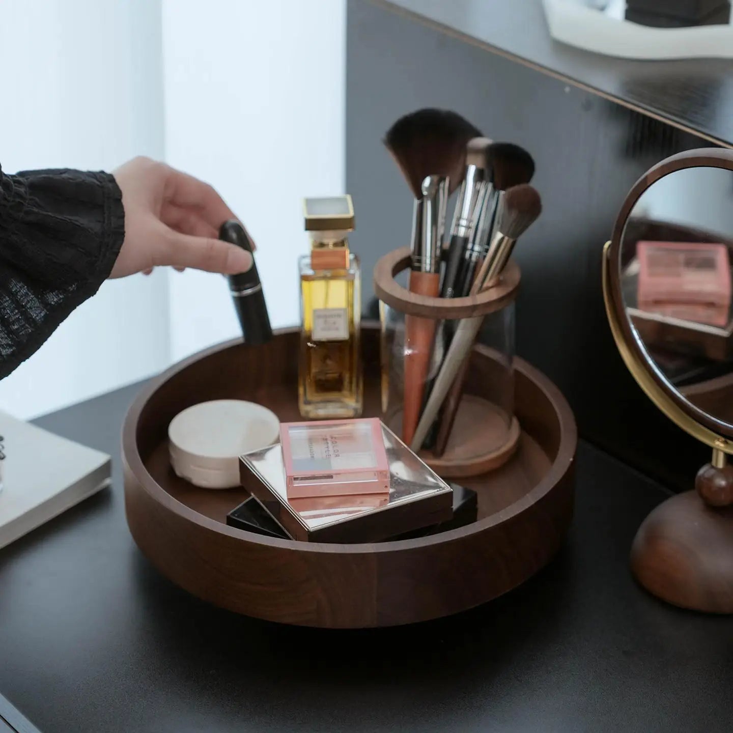 Rotating Solid Walnut Makeup Organizer & Vanity Tray
