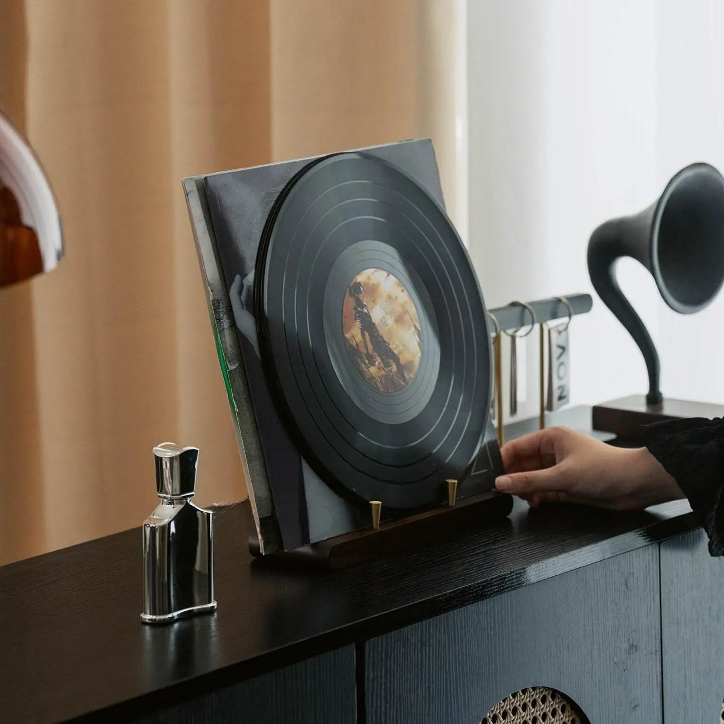 Minimalist Solid Walnut Vinyl Record Holder with Brass Frame