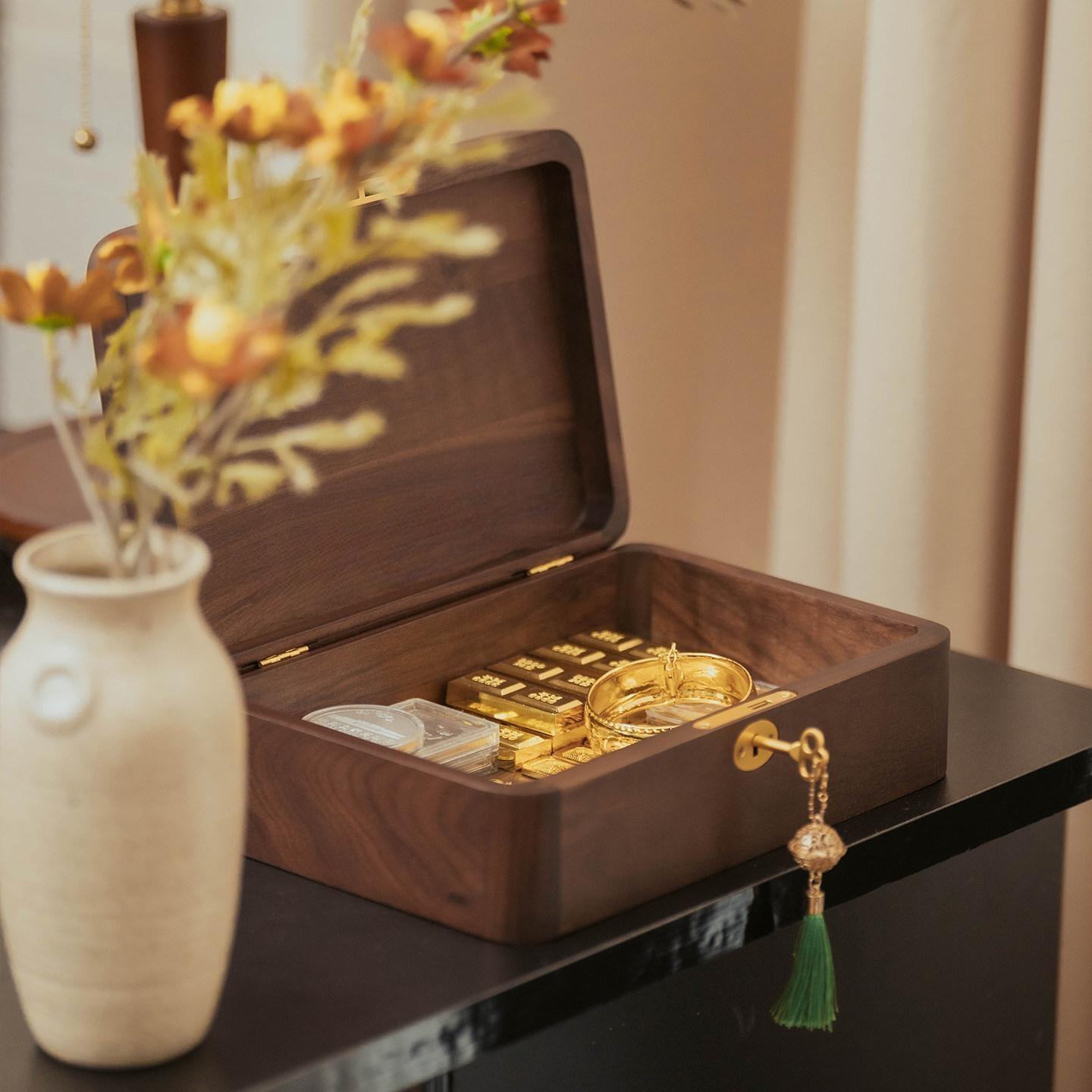Lockable Solid Walnut Gold Storage Box with Vintage Key