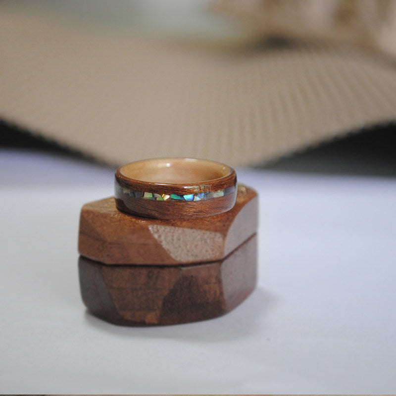 Mother-of-Pearl Inlay Wooden Ring Couple Engagement Gift
