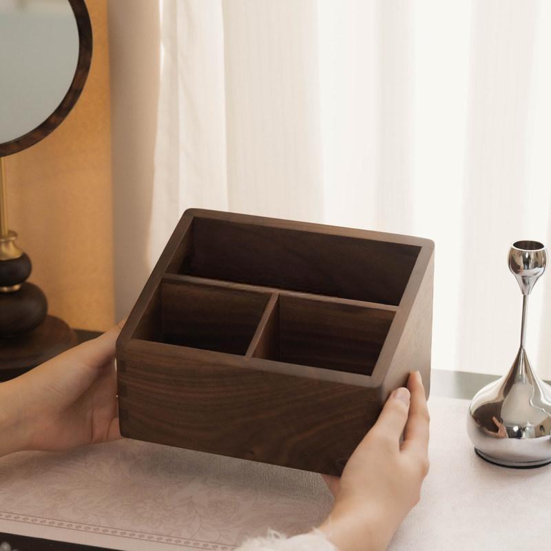 Solid Wood Makeup Brush Organizer with 3 Compartments