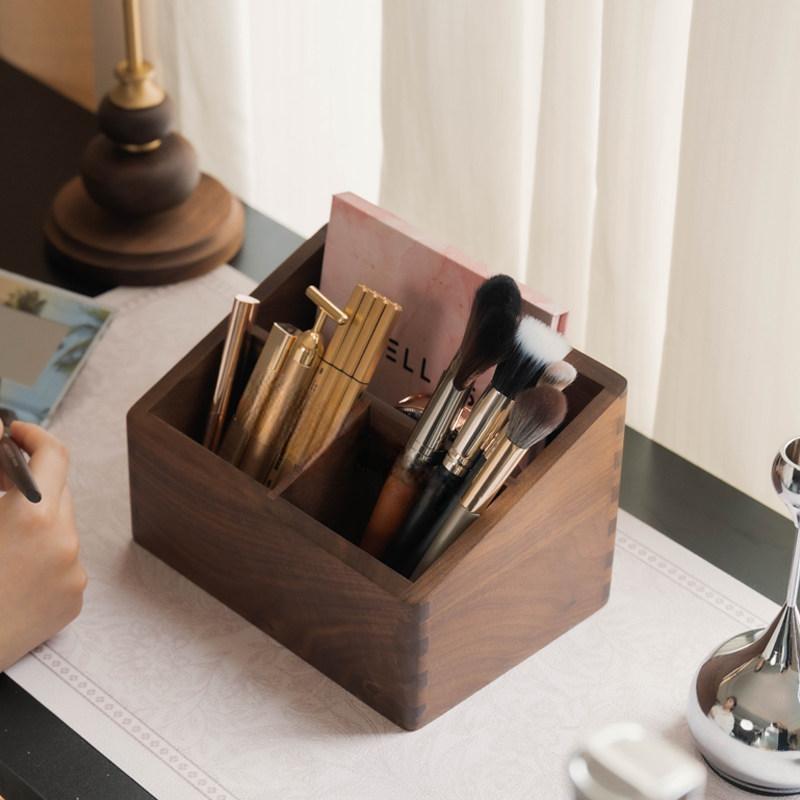 Solid Wood Makeup Brush Organizer with 3 Compartments