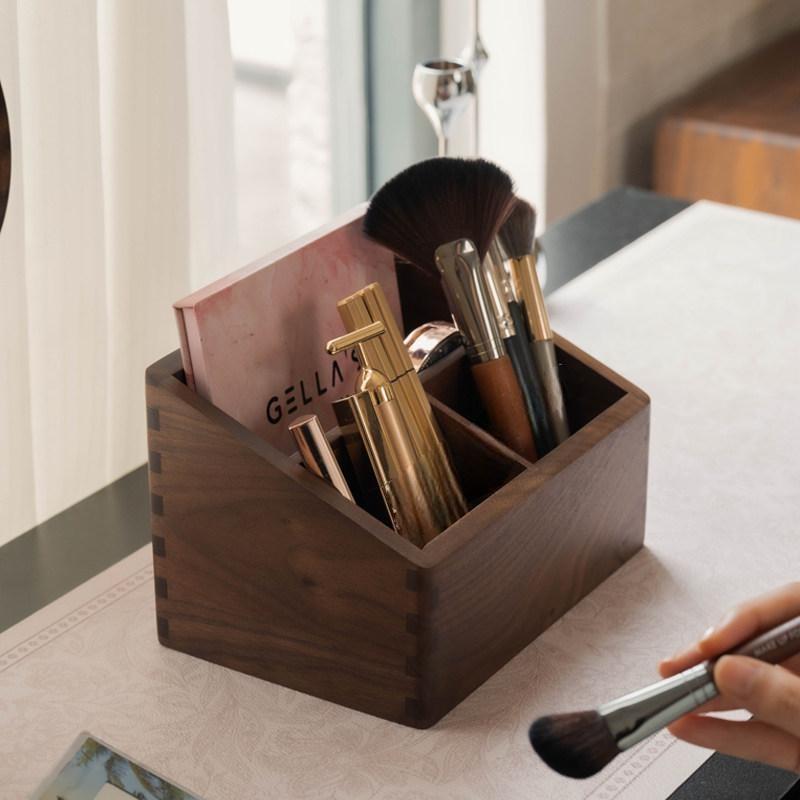 Solid Wood Makeup Brush Organizer with 3 Compartments
