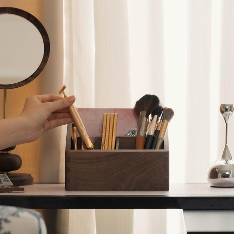 Solid Wood Makeup Brush Organizer with 3 Compartments