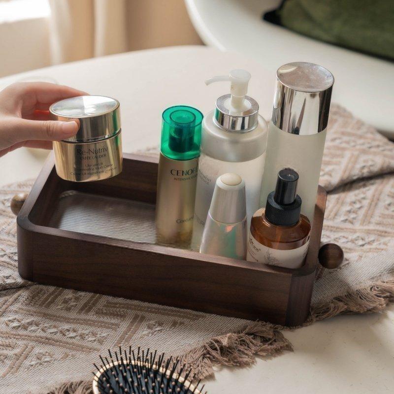 Vintage Wooden Cosmetic Storage Tray with Glass Lid