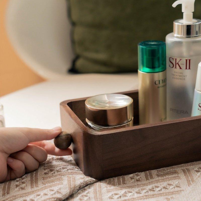 Vintage Wooden Cosmetic Storage Tray with Glass Lid