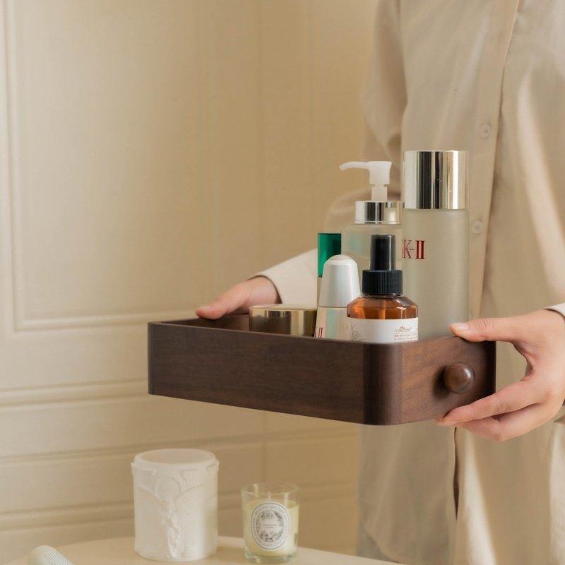 Vintage Wooden Cosmetic Storage Tray with Glass Lid