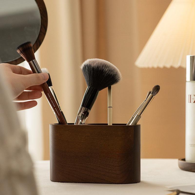 Walnut Compartment Makeup Brush & Pen Desk Organizer