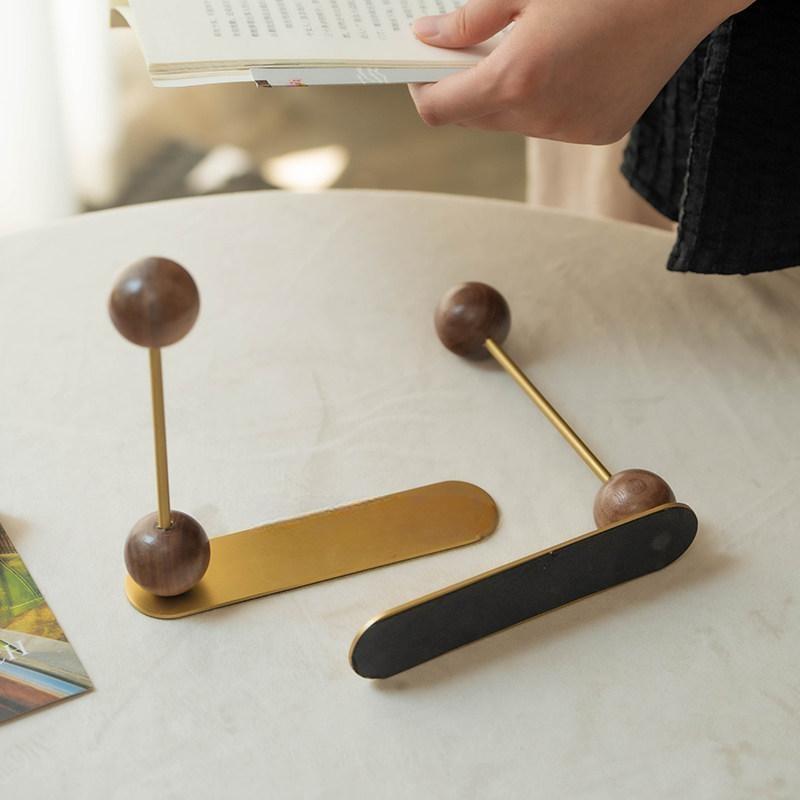 Walnut & Brass Desktop Bookends Modern Wooden Book Stand