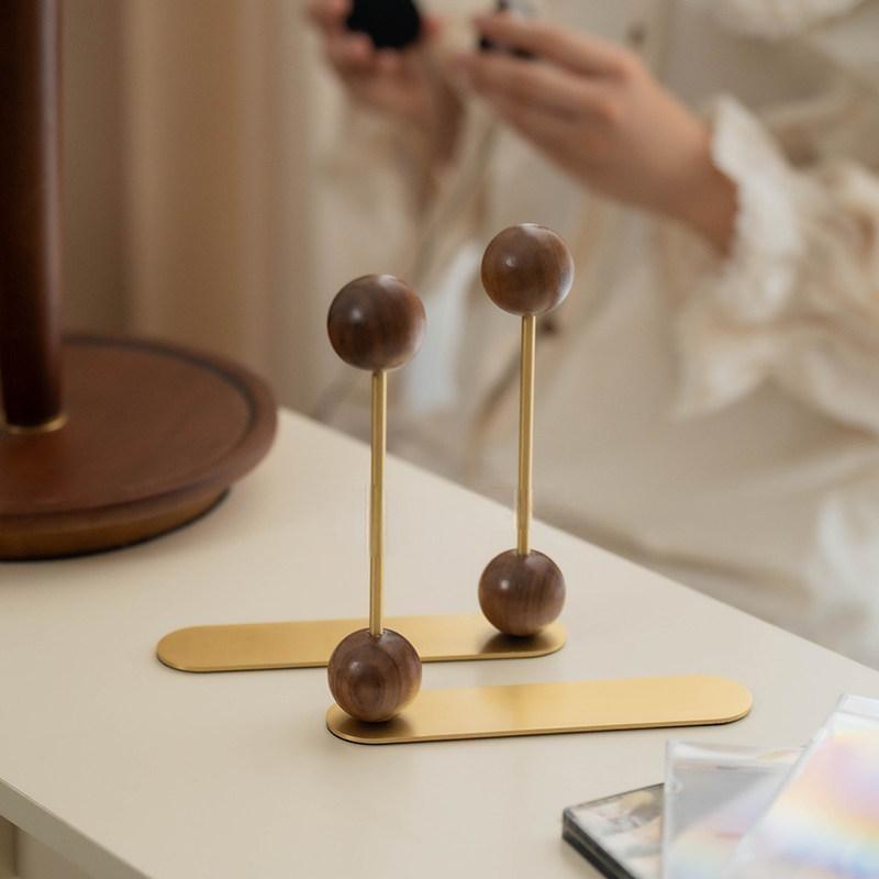 Walnut & Brass Desktop Bookends Modern Wooden Book Stand