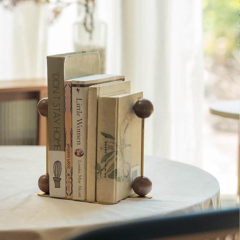 Walnut & Brass Desktop Bookends Modern Wooden Book Stand
