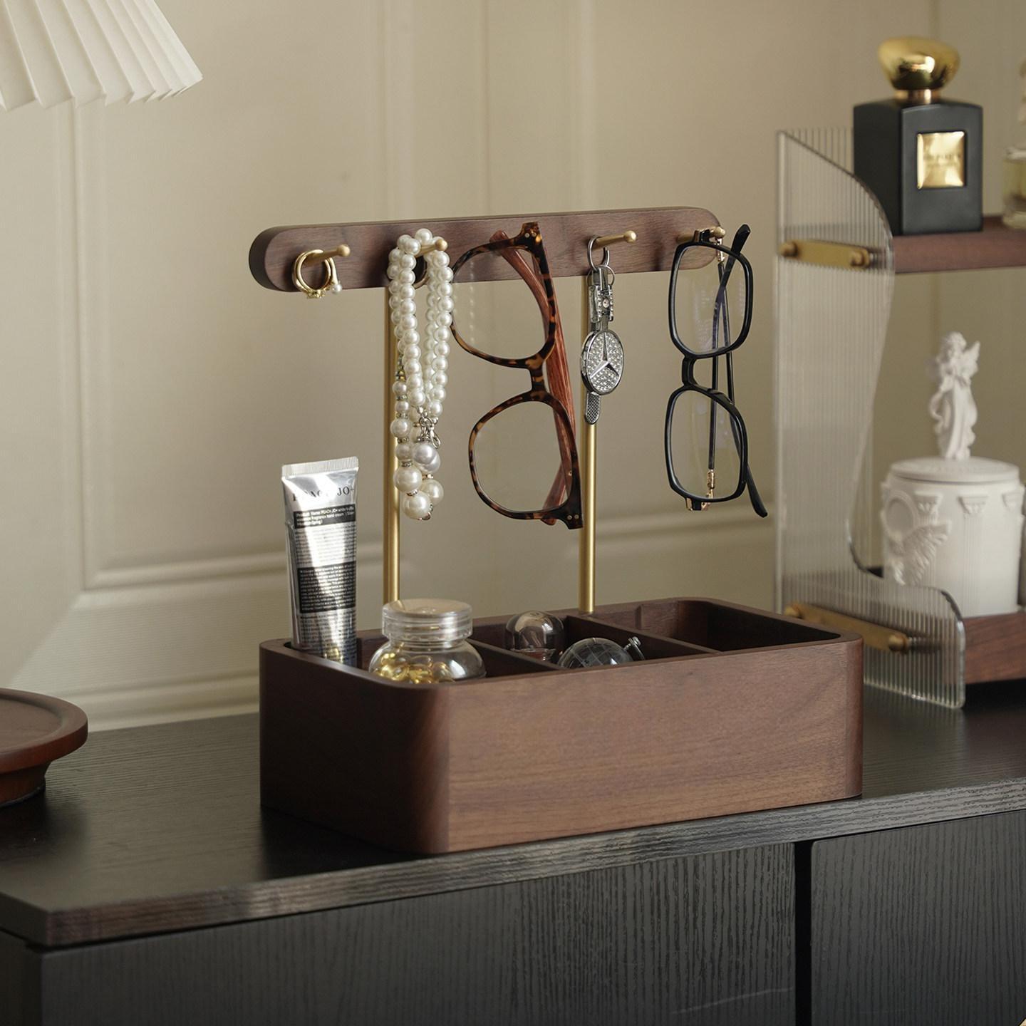 Walnut & Brass Desktop Entryway Key Organizer Stand