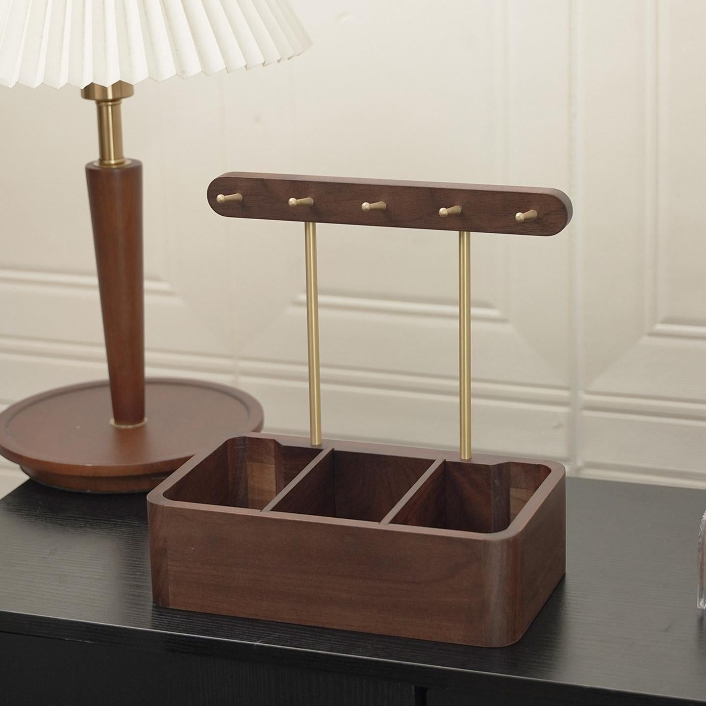 Walnut & Brass Desktop Entryway Key Organizer Stand