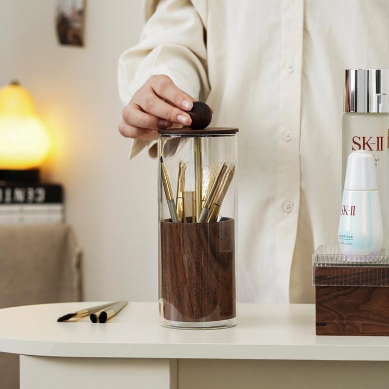 Walnut & Glass Makeup Brush Holder with Dustproof Lid