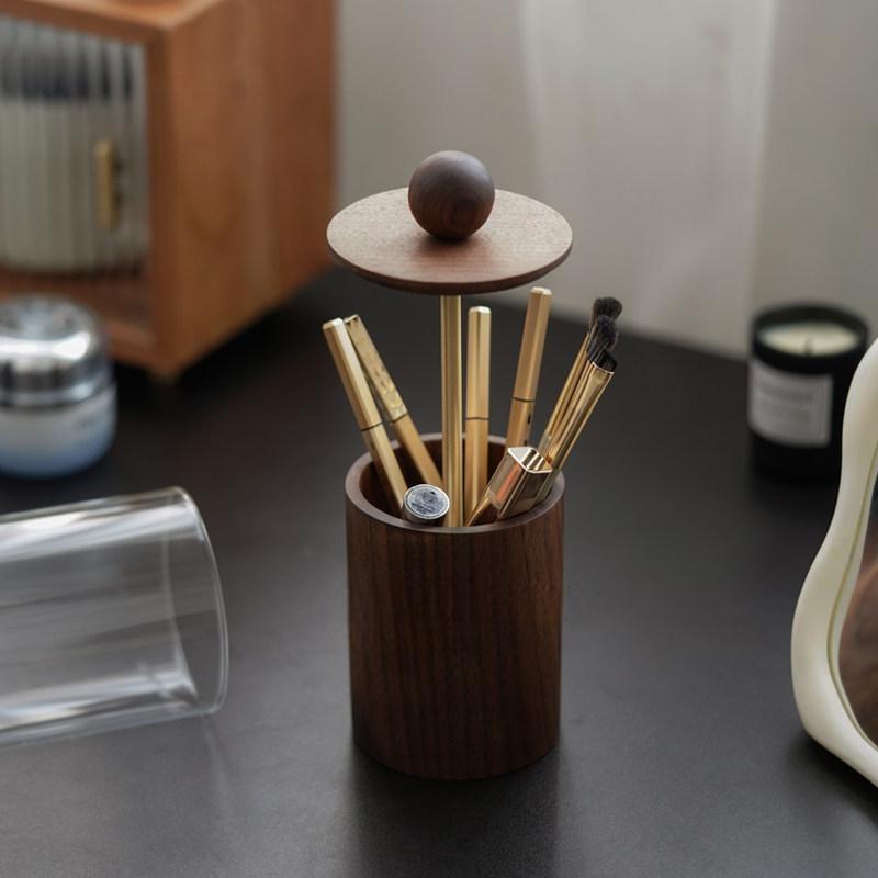 Walnut & Glass Makeup Brush Holder with Dustproof Lid