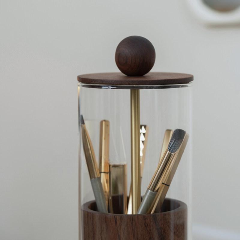Walnut & Glass Makeup Brush Holder with Dustproof Lid