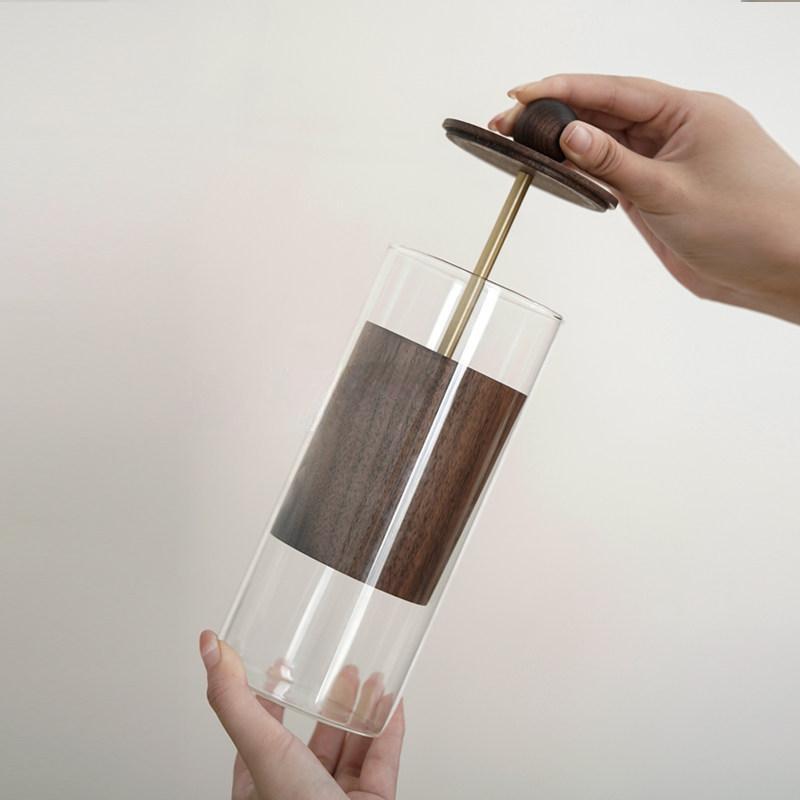 Walnut & Glass Makeup Brush Holder with Dustproof Lid